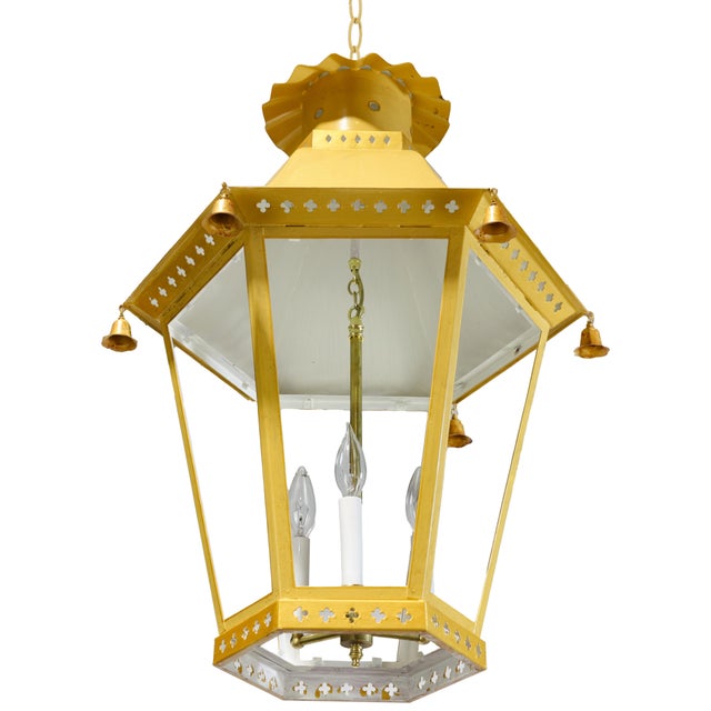Vintage Chinoiserie Yellow Tole Hanging Lantern Chandelier With Brass Bells For Sale - Image 12 of 13