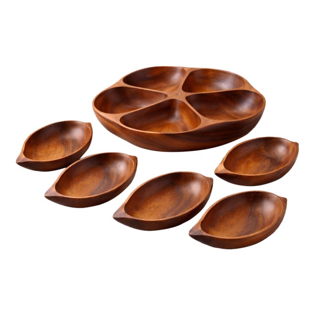 Mid 20th Century Asian Monkey Pod Wood Snack Bowl Set – 5-Piece For Sale