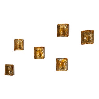 Wall Appliques in Amber Glass and Metal, Italy, 1970s, Set of 6 For Sale