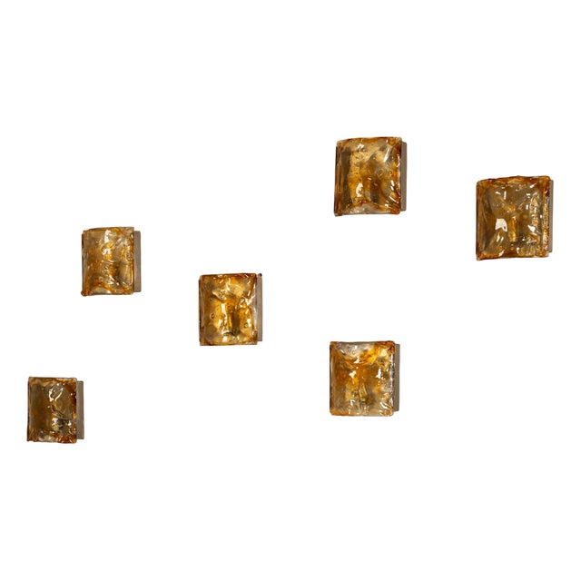 Wall Appliques in Amber Glass and Metal, Italy, 1970s, Set of 6 For Sale