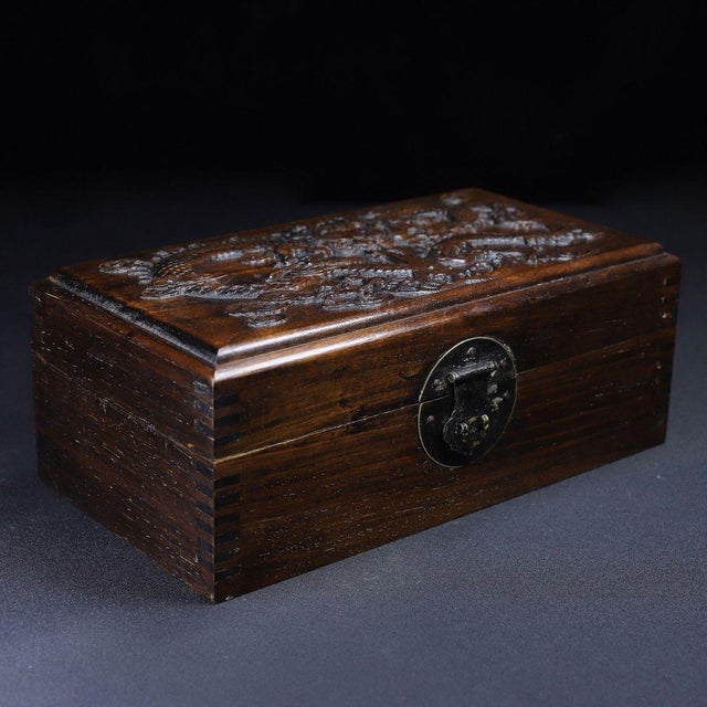 This is a substantial and finely crafted vintage rectangular box, made from rosewood (huali wood) with a rich, dark brown...