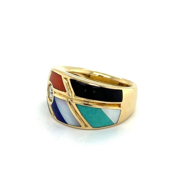 Mid 20th Century Mid 20th Century Asch Grossbardt 0.24ct Diamond Mosaic Gems Inlay 14k Yellow Gold Ring Size 6.5 For Sale - Image 5 of 7