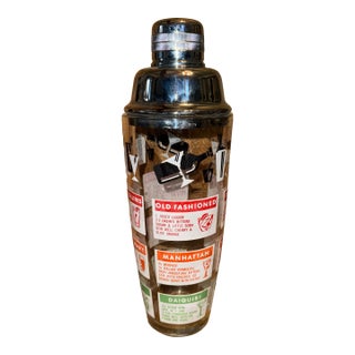 Vintage 1950s Glass Cocktail Shaker W/ Drink Recipes & Cap Jigger 10” Barware For Sale