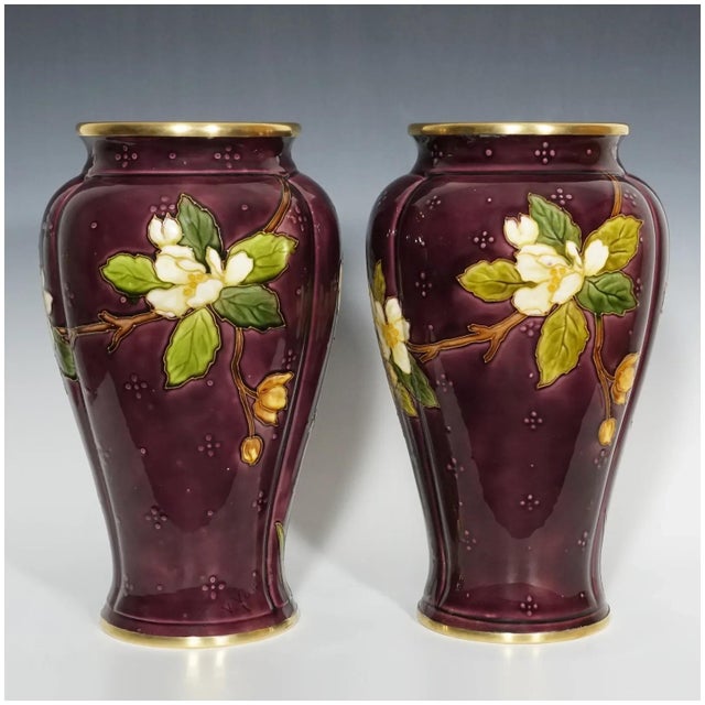 Art Nouveau Pair of Large Antique French Sevres Optat Milet Ceramic Vases Art Nouveau Flowers Purple Ground For Sale - Image 3 of 12
