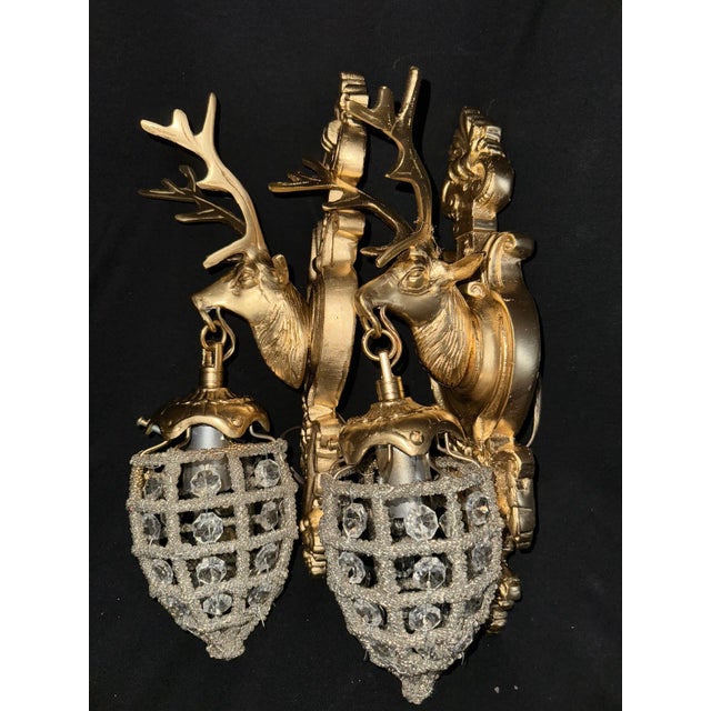 20thC French Louis XVI Gilt Bronze Deer Wall Lamps / Sconces - Pair For Sale - Image 12 of 17