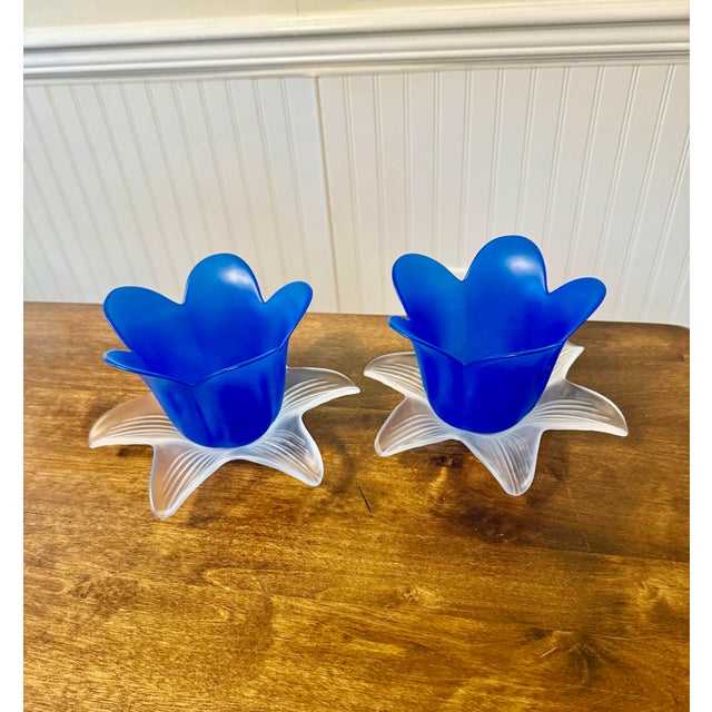 Mikasa 1970s Pair of Blue Tulip Glow Candle Holders Made in Italy For Sale - Image 4 of 12