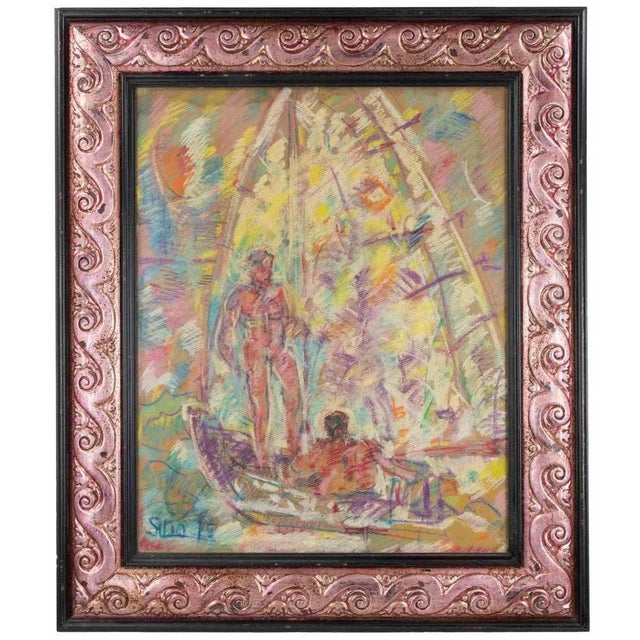 1970s Sirio Pellegrini, Sailors, Pastel on Cardboard, 1975 For Sale - Image 5 of 5