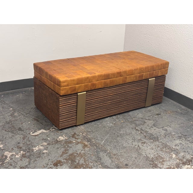 McGuire McGuire Furniture Haybine Cocktail Table + Custom Leather Bench Cushion For Sale - Image 4 of 12