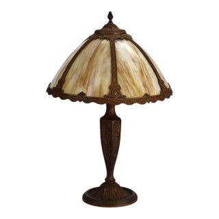 Antique Bradley & Hubbard School Arts & Crafts 6 Panel Slag Glass Lamp C1920 For Sale