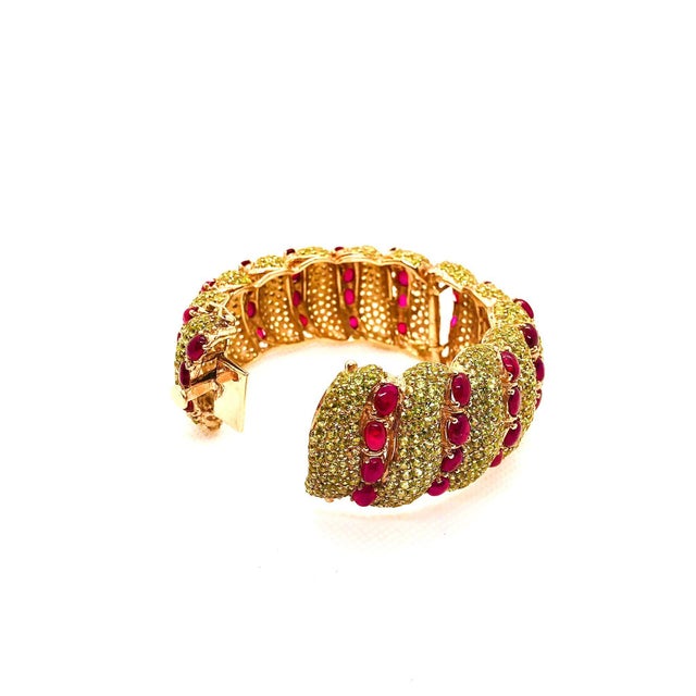 Gemstone Bochic "Capri" Vintage Natural Ruby & Peridot Bangle Set In 18K Gold & Silver For Sale - Image 7 of 10