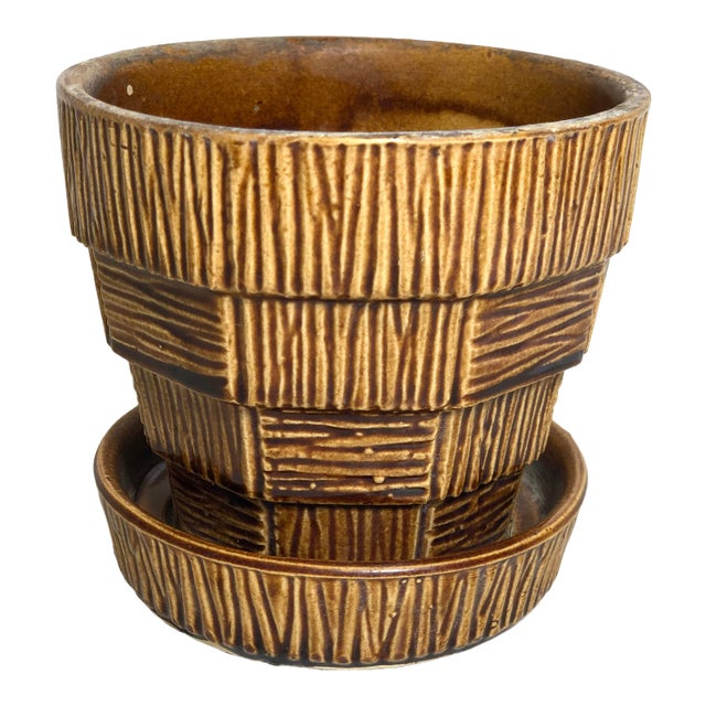 McCoy Pottery 1940s - 1960s Small "Light Brown" Mid-Century Flower Pot and Saucer For Sale