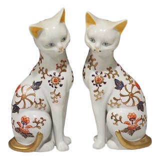 Vintage MCM Porcelain Hand Painted Sitting Cats Figurines Made in Japan-Set of 2 For Sale