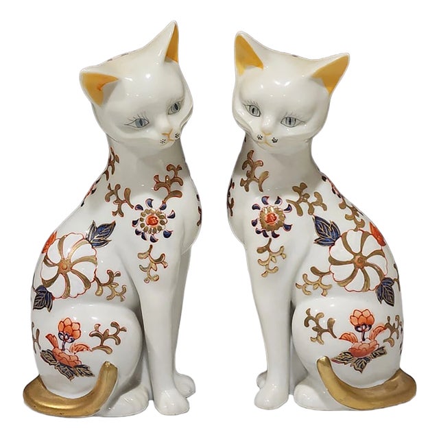 Vintage MCM Porcelain Hand Painted Sitting Cats Figurines Made in Japan-Set of 2 For Sale