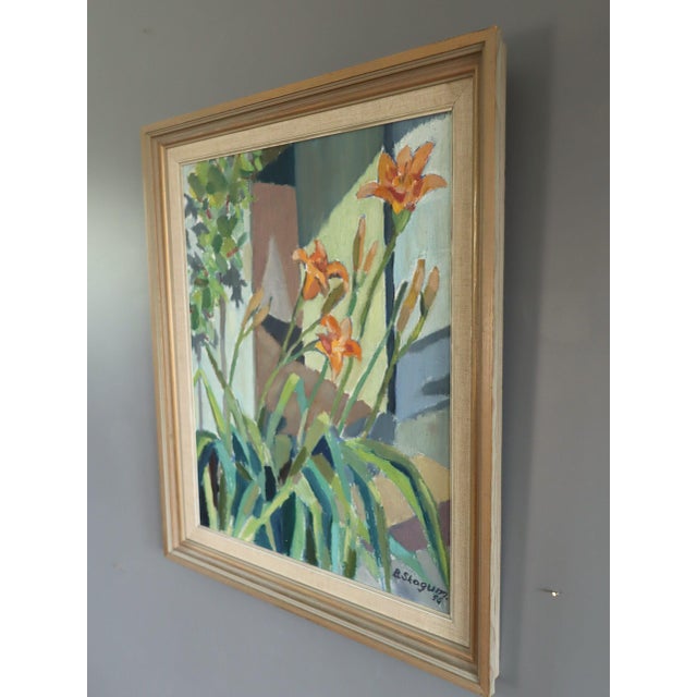 1955 Mid-Century Modern 'Daylilies in Sunlight' Vintage Original Floral Still Life Oil Painting, Framed For Sale - Image 6 of 11