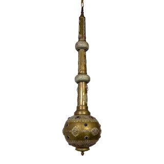 Elongated Indian Gulab Pash Form Bejeweled & Pierced Brass Pendant Light For Sale