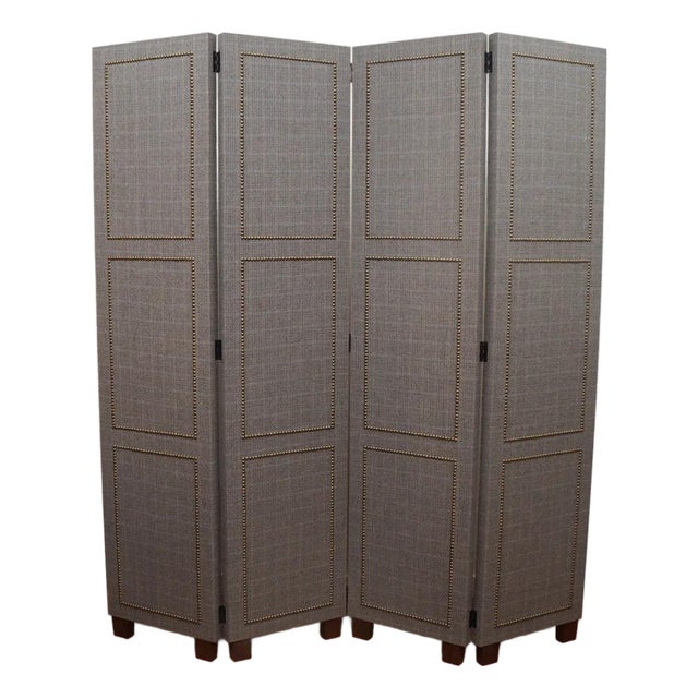 Custom Four-Panel Folding Screen with Nail Head Detailing For Sale