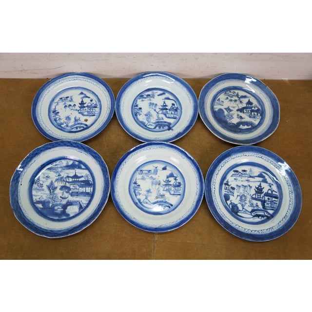 Ceramic Antique 19th C Chinese Export Canton Blue White Porcelain Dinner Salad Plates - Set of 22 For Sale - Image 7 of 7