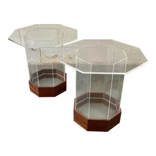 Pair of Unique Vintage Mid Century Teak and Acrylic End Tables For Sale