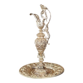 Monumental Silvered Metal Figural Ewer & Underplate With Classical Relief Decoration For Sale