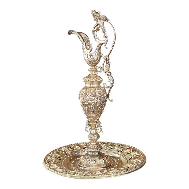 Monumental Silvered Metal Figural Ewer & Underplate With Classical Relief Decoration For Sale
