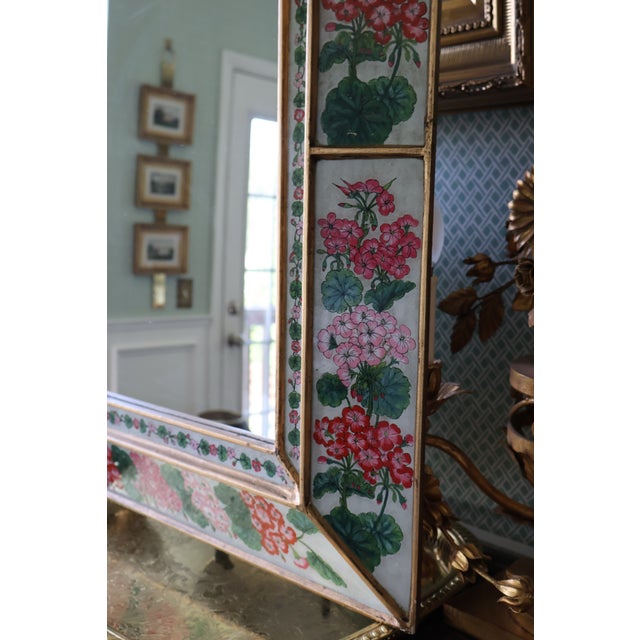 1960s Italian Reverse-Painted Geranium Glass Giltwood Mirror For Sale - Image 4 of 18