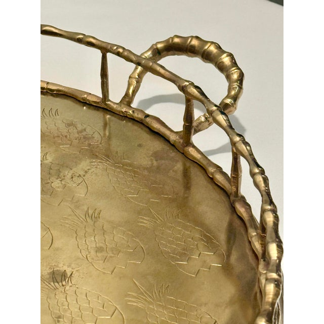 Monumental 1970s Etched Pineapple & Faux Bamboo Brass Round Tray by Turtle and Crane - Styled After Jacques Garcia For Sale - Image 11 of 12