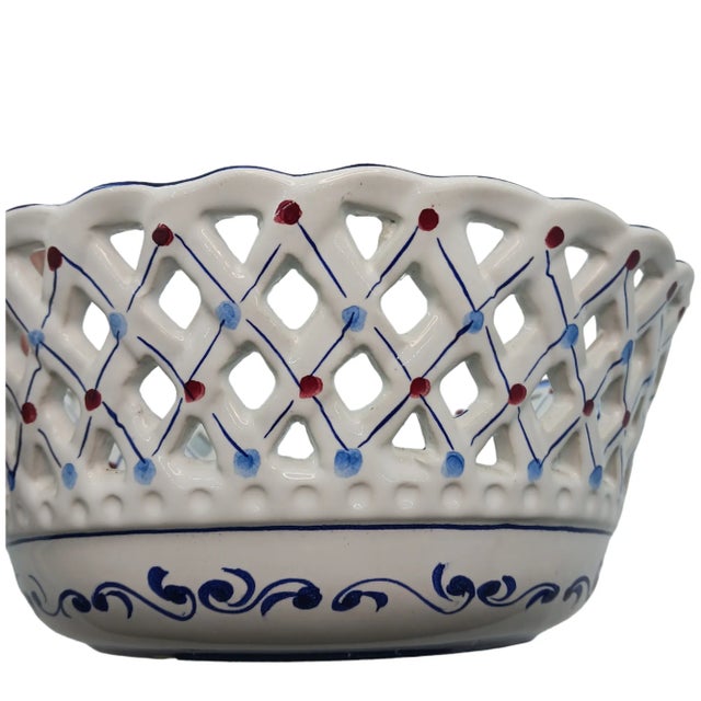Farmhouse Mid 20th Century Vintage Ceramic Basket Portugal White Blue Floral Italian Farmhouse Cottagecore For Sale - Image 3 of 4
