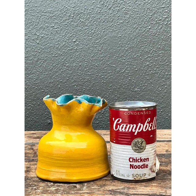 Yellow Vintage Hand Crafted Studio Pottery Ruffle Vase For Sale - Image 8 of 12