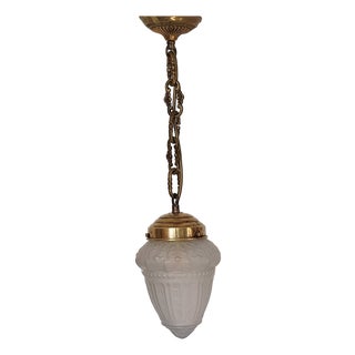 Antique French Teardrop Lamp with Frosted Relief Glass Shade on Brass Mount, 1900s For Sale