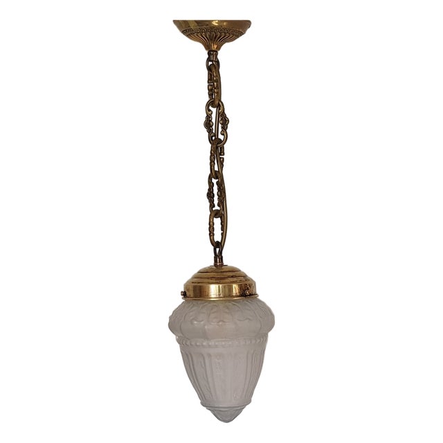 Antique French Teardrop Lamp with Frosted Relief Glass Shade on Brass Mount, 1900s For Sale