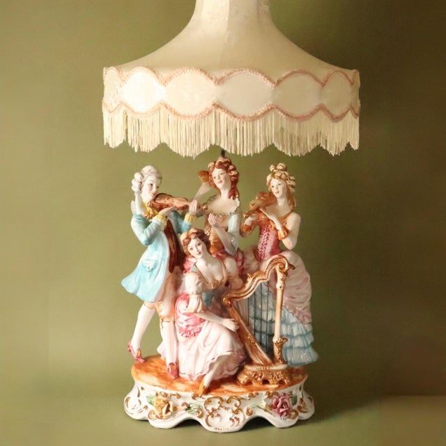 Cream Vintage Italian Figural Porcelain Lamp With Fringed Shade - Courting Musicians Quartet For Sale - Image 8 of 10