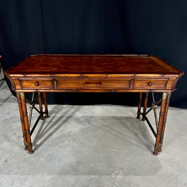 Campaign Faux Bamboo Campaign Style Burlwood Desk or Writing Table by Hooker Furniture For Sale - Image 3 of 11