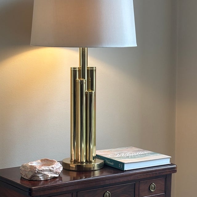 Vintage Mid-Century Modern Tiered Cylindrical Brass Table Lamp For Sale - Image 17 of 18
