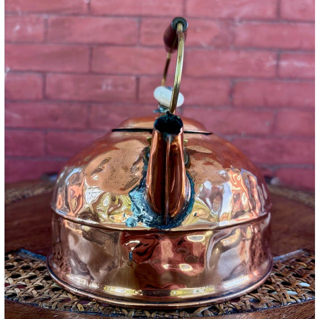 Vintage Hammered Copper Tea Kettle With Wood Grip and Porcelain Finial For Sale In Kansas City - Image 6 of 9