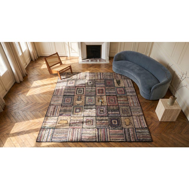 Notable Multi Color With Original Geometric and Figurative Design Antique American Hooked Rug For Sale - Image 9 of 9