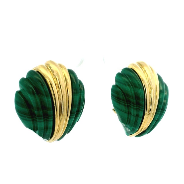 Metal Vintage 1970s 18k Gold Carved Malachite Sculptural Clip-on Earrings, Pair For Sale - Image 7 of 13