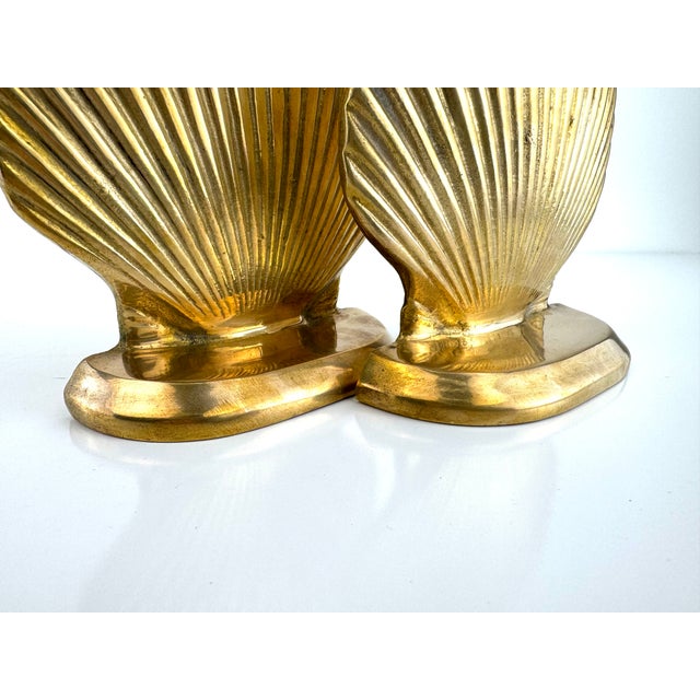 1960s Mid-Century Solid Brass Seashell Bookends- Set of 2 For Sale - Image 5 of 13