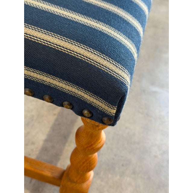 Blue Striped Upholstered Oak Ottoman Danish Mid-Century Modern 1970s For Sale - Image 4 of 9