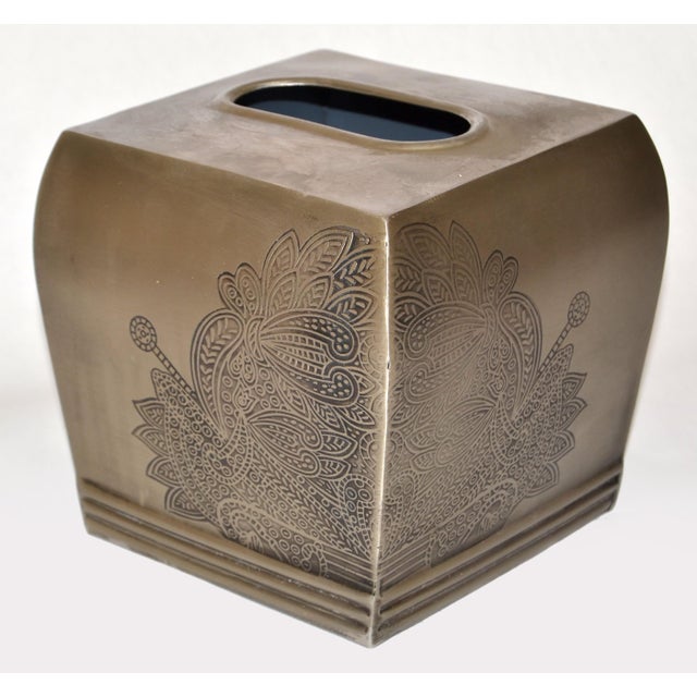 Vintage Arts and Crafts Period hand engraved Steel Tissue Box Cover, Tissue Holder, square Kleenex Dispenser. All around...