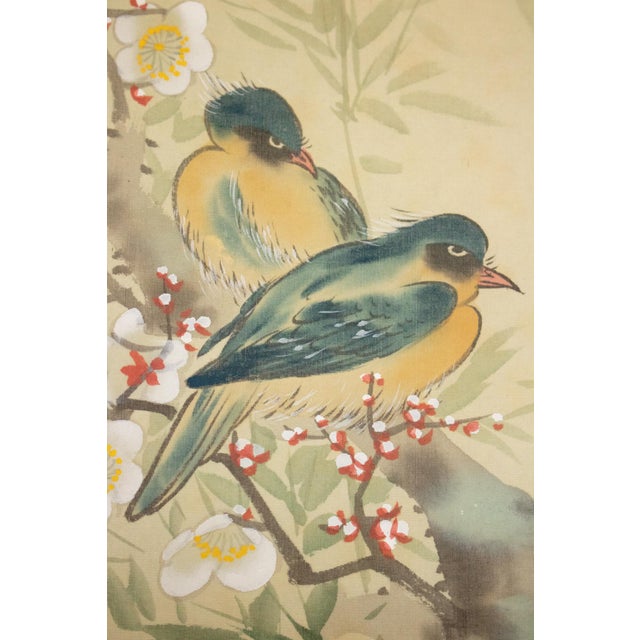 Goldenrod Showa Era Oda Hideaki, "Peonies and Blue Birds" Japanese Silk Scroll Painting For Sale - Image 8 of 15