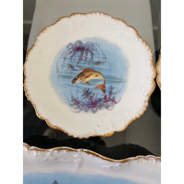 Ceramic Antique Limoges France Fish Serving Set. Includes One-24” Fish Platter & Eight 9” Plates For Sale - Image 7 of 12
