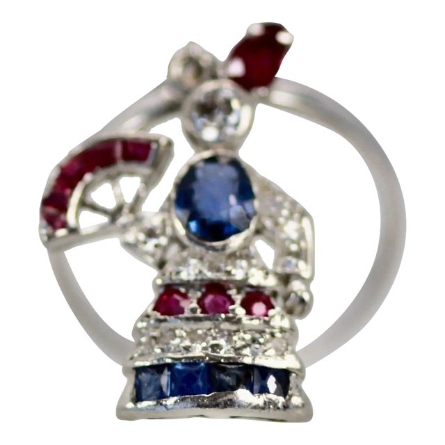 1920s Art Deco Platinum “Lady With a Fan” Charm Ring Size 6.25 For Sale