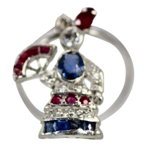 1920s Art Deco Platinum “Lady With a Fan” Charm Ring Size 6.25