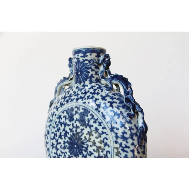 Asian Blue and White Lotus Moonflask Vase, Handpainted, Qing Dynasty, Circa: 1880 For Sale - Image 3 of 13