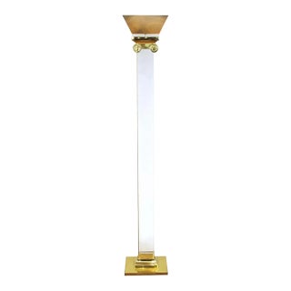 1970s Postmodern Brass & Lucite Torchiere Floor Lamp Ionic Column Light For Sale