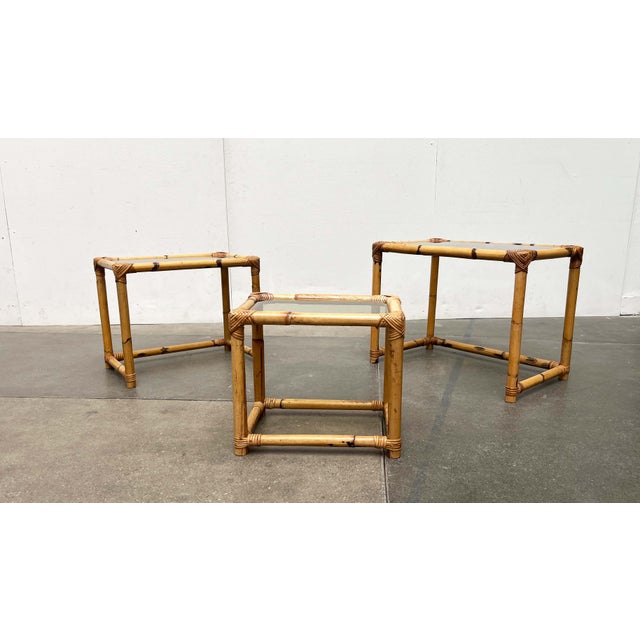 Mid-Century Modern Bamboo and Glass Nesting Tables, 1960s, Set of 3 For Sale - Image 6 of 18