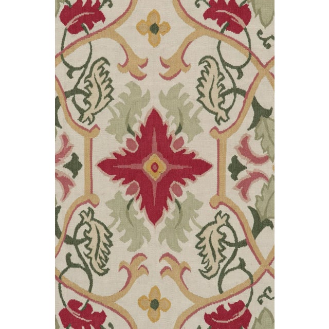 Transitional 1980s Rug & Kilim Aubusson Style Flatweave With Green and Red Floral Patterns For Sale - Image 3 of 8