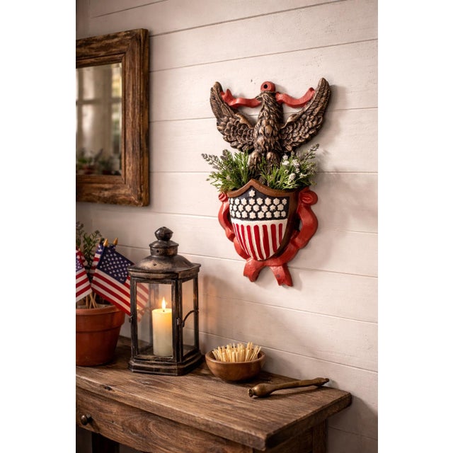 This vintage patriotic wall-mounted piece is a classic match-safe that also functions beautifully as a small wall pocket...