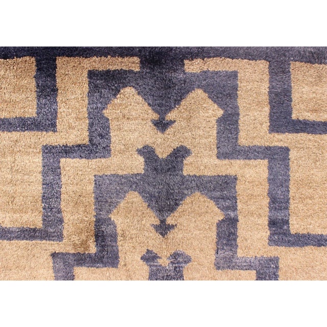 Mid 20th Century Square Mid-Century Modern Turkish Tulu With Tribal Pattern in Blue and Tan Rug For Sale - Image 4 of 13