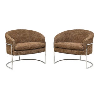 Milo Baughman Style Barrel Back Chrome Lounge Chairs - A Pair For Sale